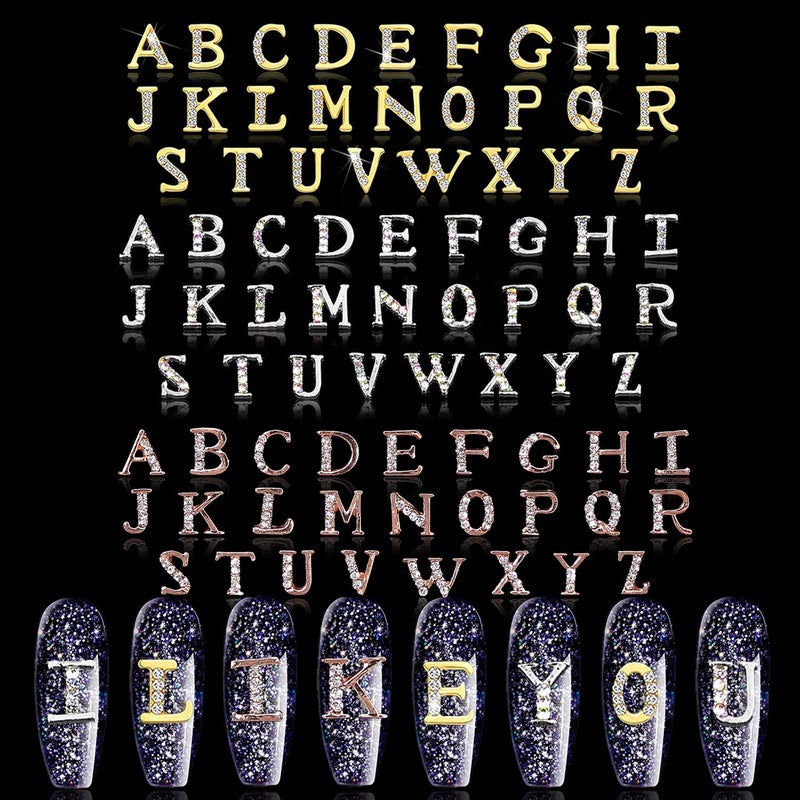 DANNEASY 78 Pieces Letters Nail Charms Letter for Nails 3D Nail Art Charms Nail Rhinestones Nail Letter Charms Alphabet Nail Jewelry Decoration Gold Silver Rose Gold